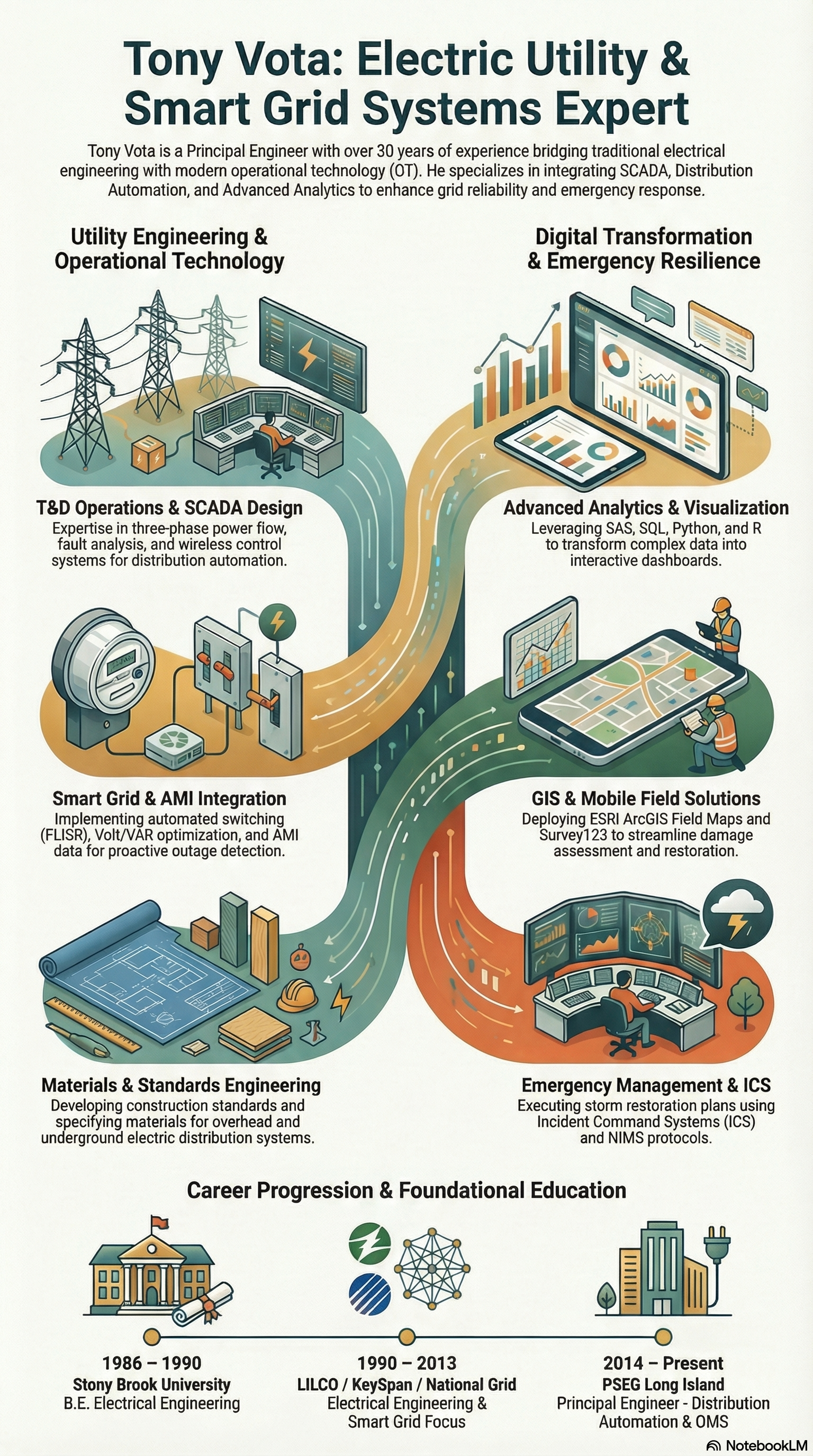 Tony Vota: Electric Utility and Smart Grid Systems Expert. Illustrated overview of six areas of expertise and career history. A text summary follows below.