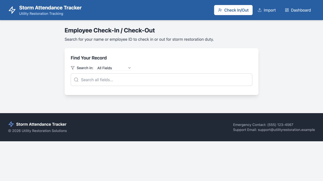 Storm Attendance Tracker employee lookup screen with the Check In/Out tab and search controls.