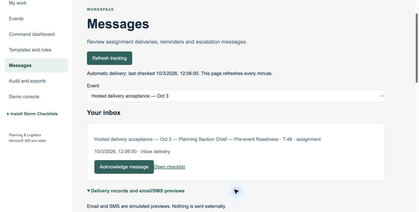 Automated Checklists Messages screen showing an assignment inbox message and simulated email and SMS preview notice.