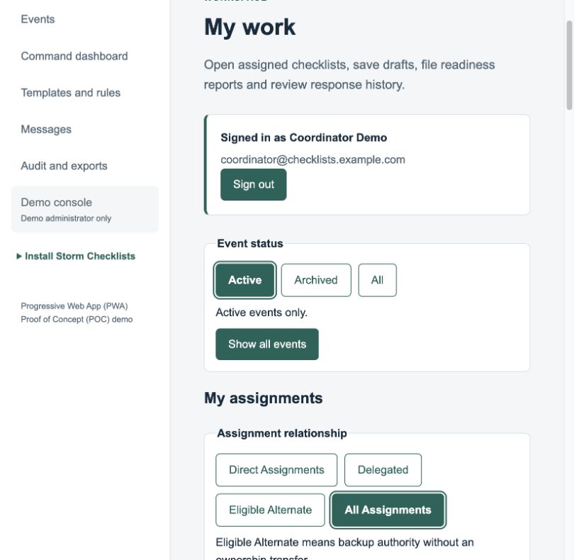 Automated Checklists My work screen showing a Coordinator Demo account and event and assignment filters.