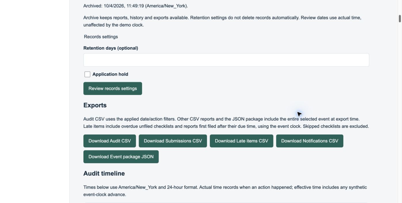 Automated Checklists records screen with retention settings, application hold, CSV and JSON exports, and an audit timeline heading.